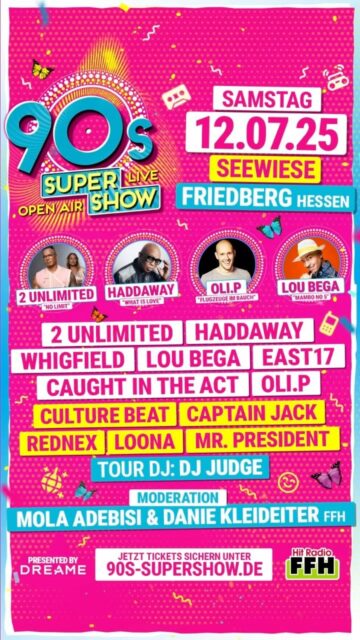 🎉 Die Stars der 90er kommen am 12. Juli nach Friedberg – live auf der Seewiese!
🔥 Hessens größte 90er Open Air Party wartet auf euch!

👉 Jetzt letzte Tickets sichern, bevor’s zu spät ist!

#90ssupershow #friedberg #seewiese #openair #90er